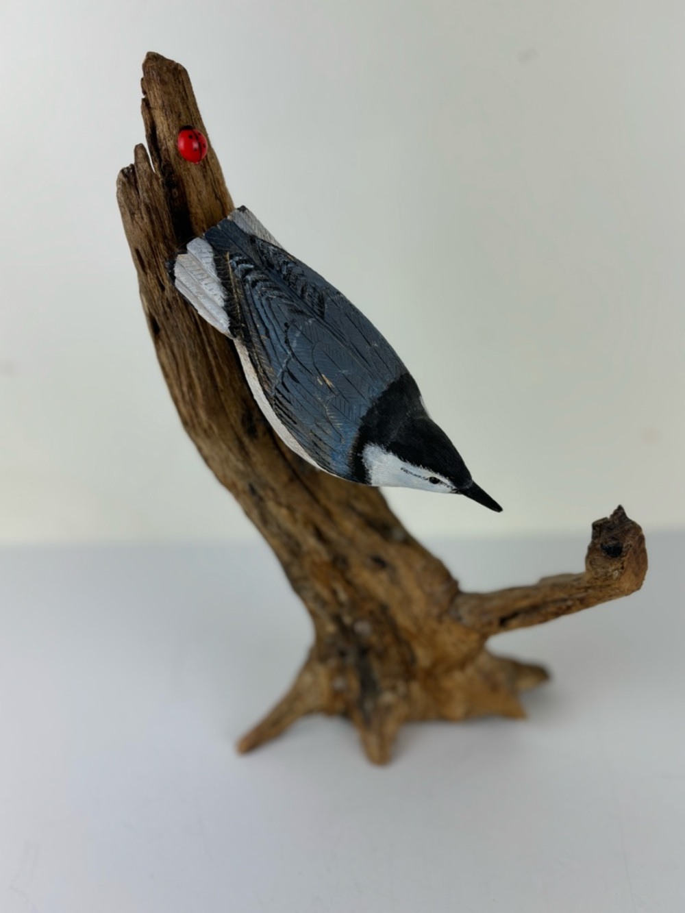 Hand Carved Bird on Driftwood Sculpture - Blue & White Nuthatch-Signed by Artist